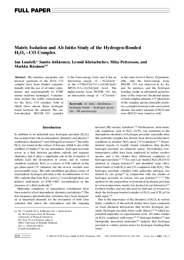 (PDF) Matrix Isolation and Ab Initio Study of the Hydrogen-Bonded H2O2 ...