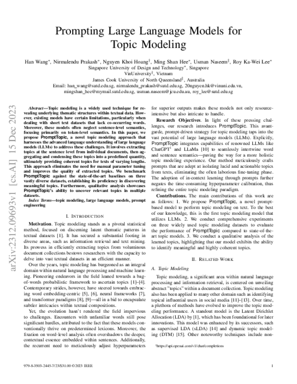 (PDF) Prompting Large Language Models for Topic Modeling