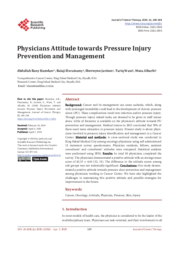 (PDF) Physicians Attitude towards Pressure Injury Prevention and Management