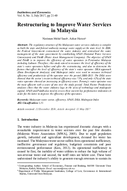 (PDF) Restructuring to Improve Water Services in Malaysia