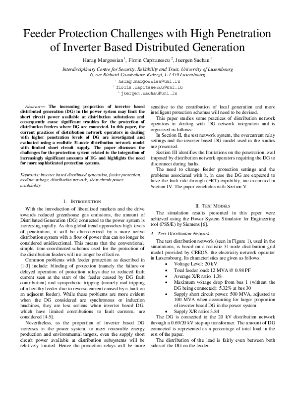 (PDF) Feeder protection challenges with high penetration of inverter ...