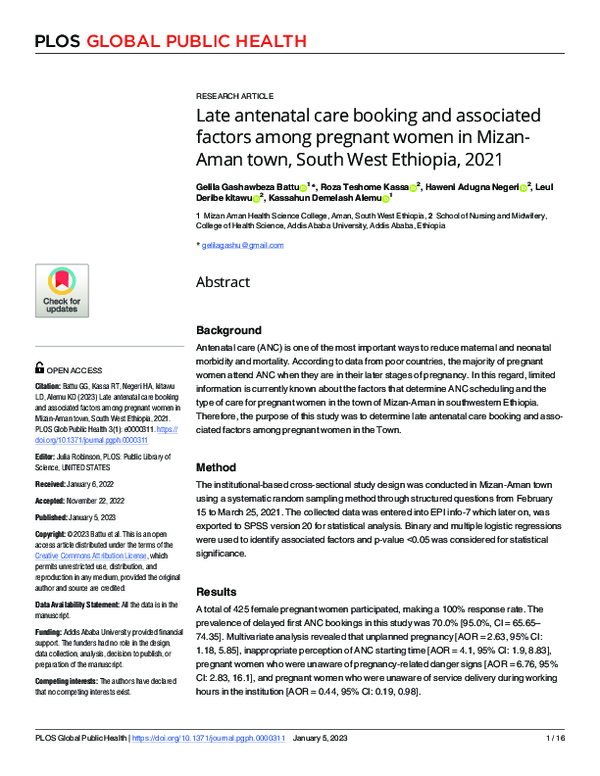 (PDF) Late antenatal care booking and associated factors among pregnant ...