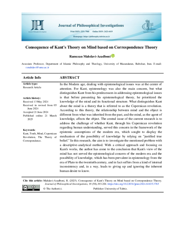 (PDF) Consequence of Kant's Theory on Mind based on Correspondence Theory