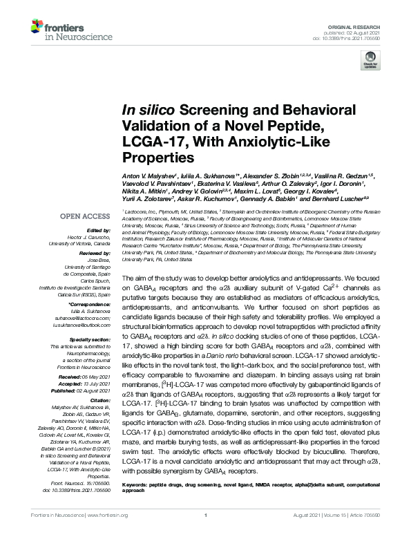 (PDF) In silico Screening and Behavioral Validation of a Novel Peptide ...