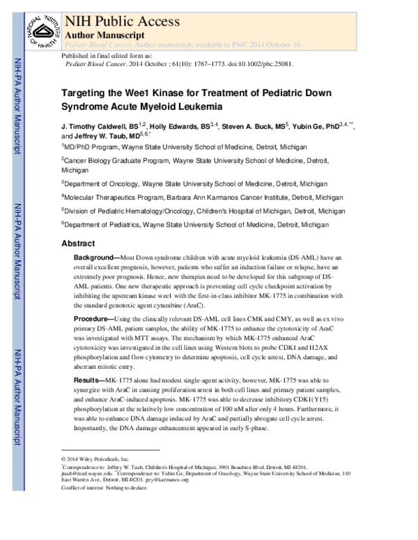 (PDF) Targeting the wee1 kinase for treatment of pediatric Down ...