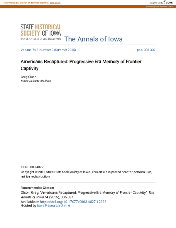 (PDF) Americans Recaptured: Progressive Era Memory of Frontier Captivity
