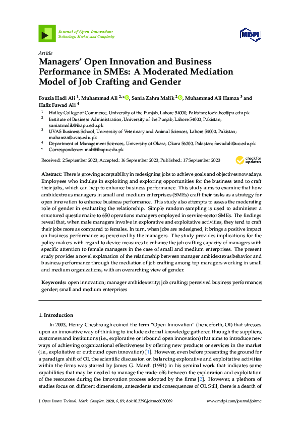 (PDF) Managers’ Open Innovation and Business Performance in SMEs: A ...