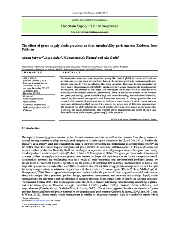 (PDF) The effect of green supply chain practices on firm sustainability ...