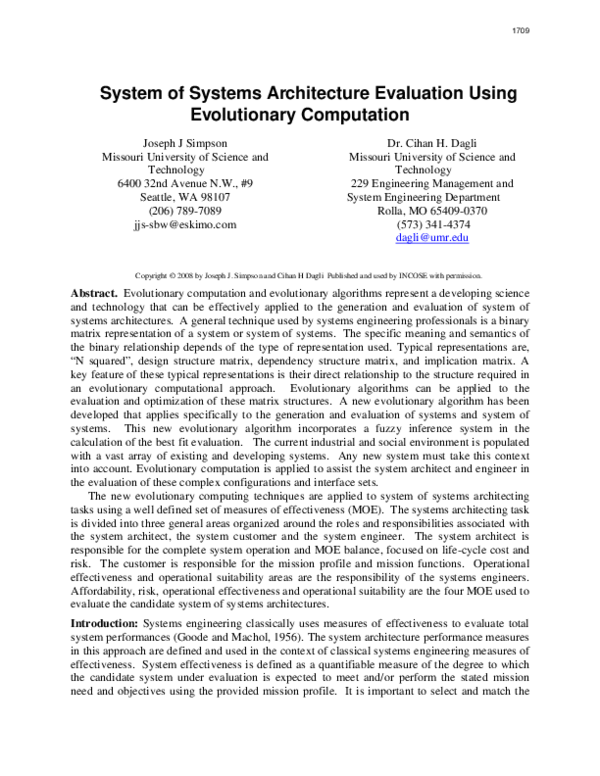 (PDF) KR25 System of Systems Architecture Evaluation Using Evolutionary ...
