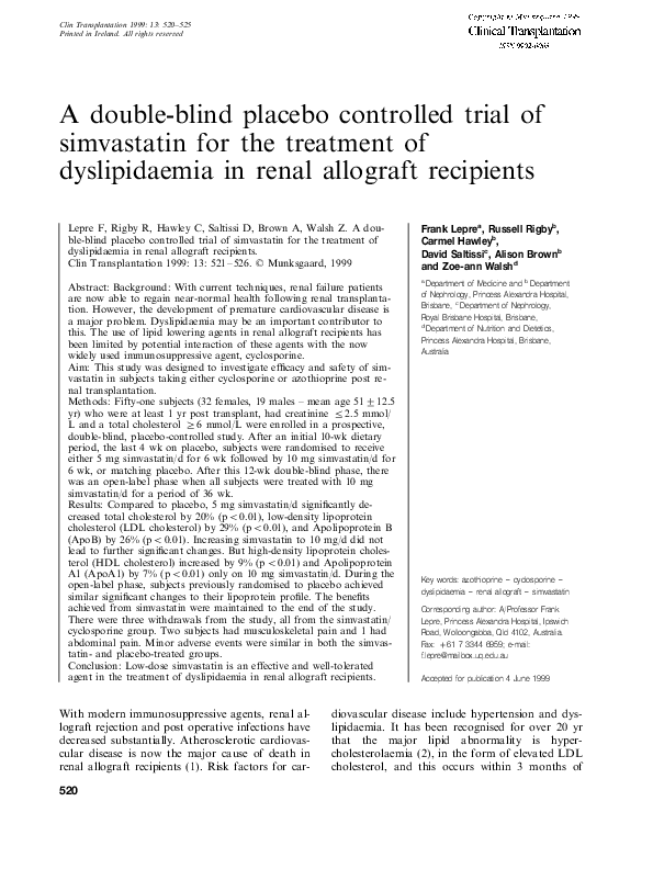 (PDF) A double-blind placebo controlled trial of simvastatin for the ...