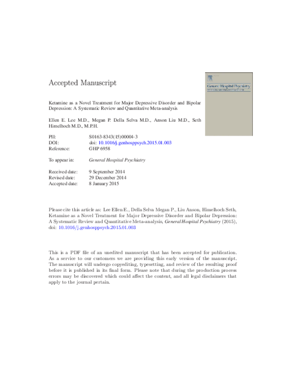 (PDF) Ketamine as a novel treatment for major depressive disorder and ...