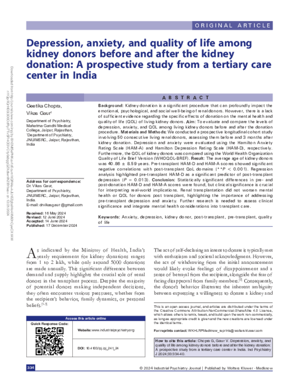 (PDF) Depression, anxiety, and quality of life among kidney donors ...