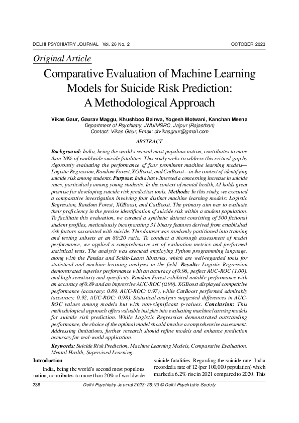 (PDF) Comparative Evaluation of Machine Learning Models for Suicide ...