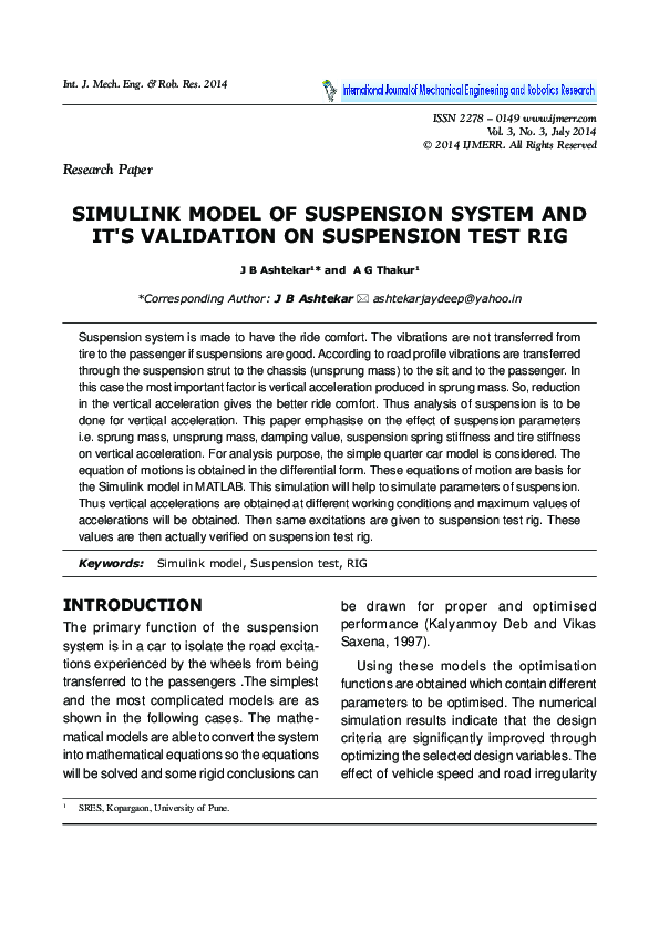 (PDF) Simulink Model of Suspension System and It's Validation on ...