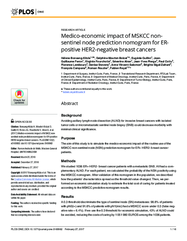 (PDF) Medico-economic impact of MSKCC non-sentinel node prediction ...