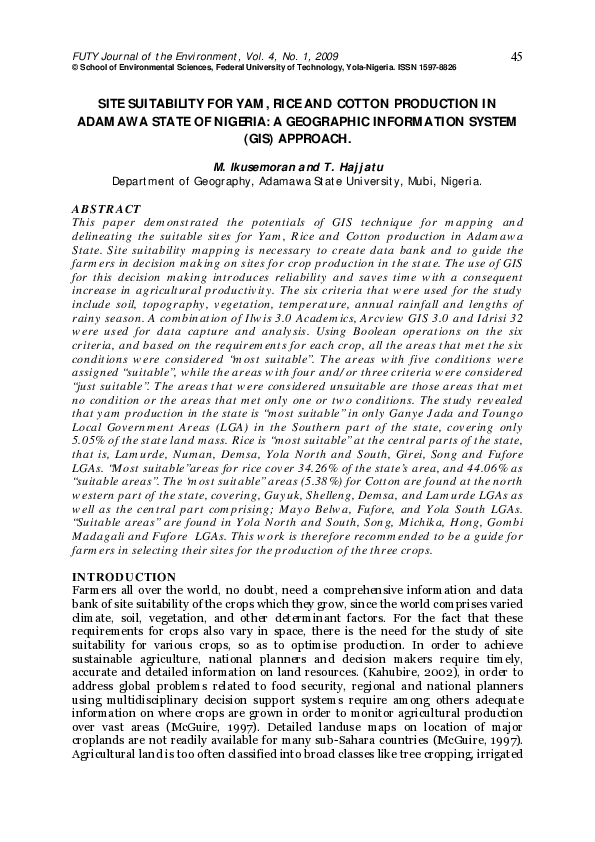 (PDF) Site Suitability For Yam, Rice And Cotton Production In Adamawa ...