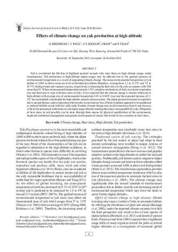 (PDF) Effects of climate change on yak production at high altitude