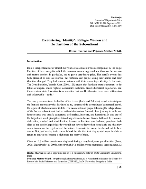 (PDF) Encountering ‘Identity’: Refugee Women and the Partition of the ...