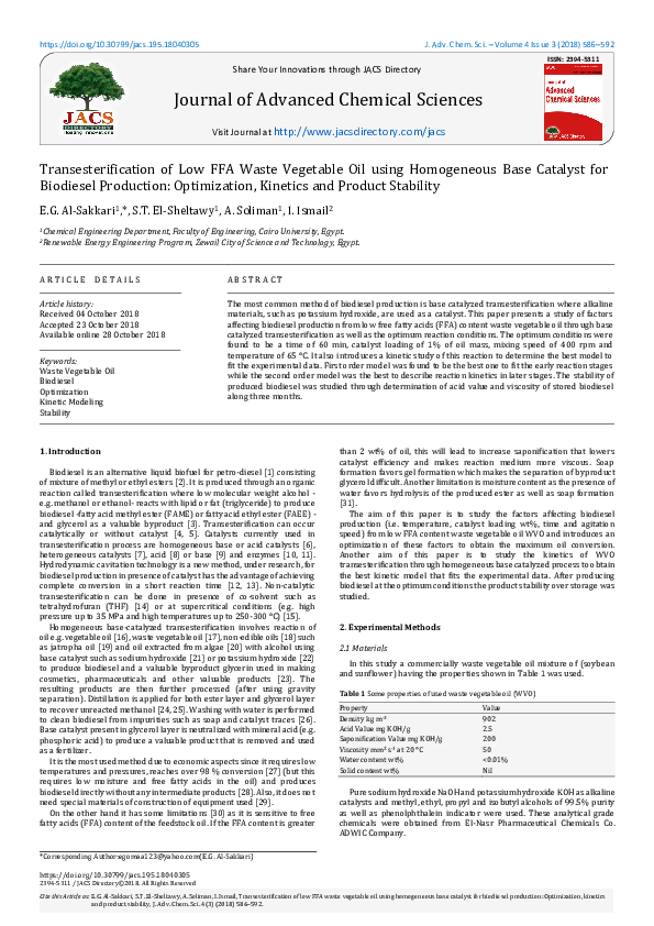 (PDF) Transesterification of Low FFA Waste Vegetable Oil using ...