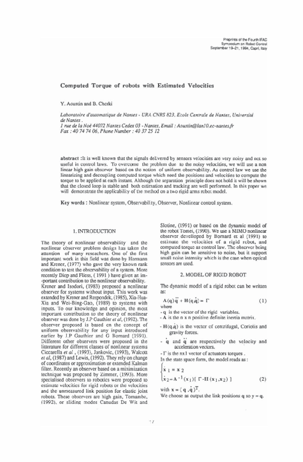 (PDF) Computed torque of robots with estimated velocities