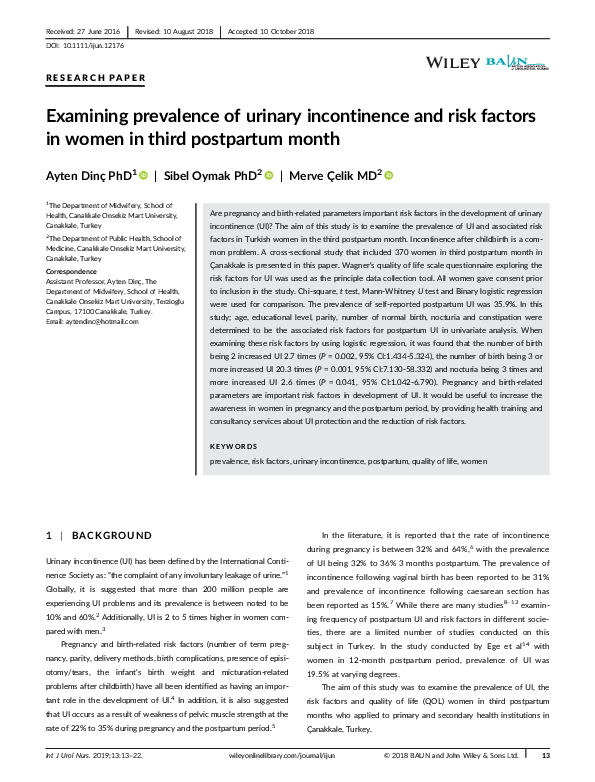 (PDF) Examining prevalence of urinary incontinence and risk factors in ...
