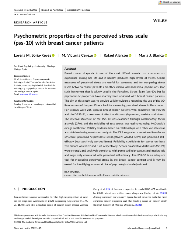 (PDF) Psychometric properties of the perceived stress scale (pss‐10 ...