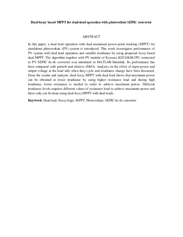(PDF) Dual-fuzzy based MPPT for dual-load operation with photovoltaic ...