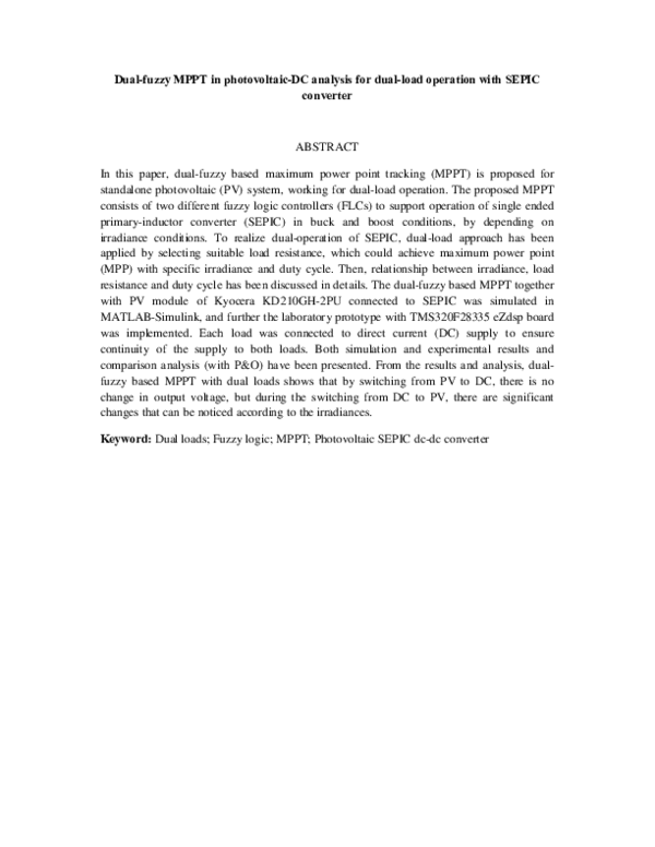 (PDF) Dual-Fuzzy MPPT in Photovoltaic-DC Analysis for Dual-Load ...