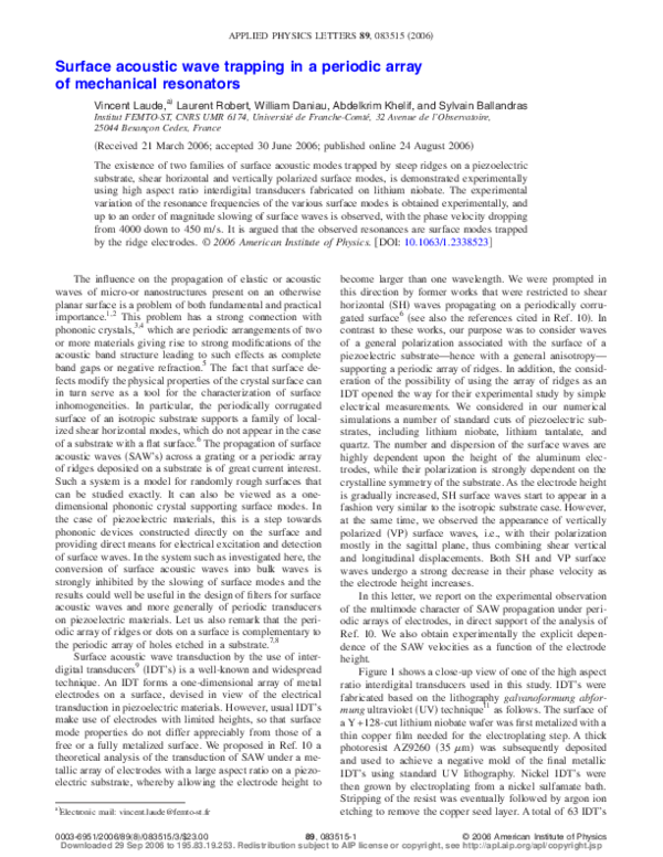 (PDF) Surface acoustic wave trapping in a periodic array of mechanical ...