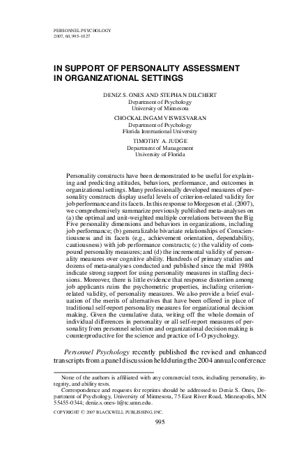 (PDF) In Support of Personality Assessment in Organizational Settings