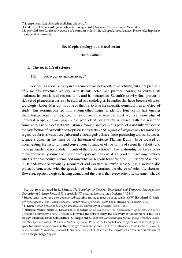 (PDF) Social epistemology : an introduction