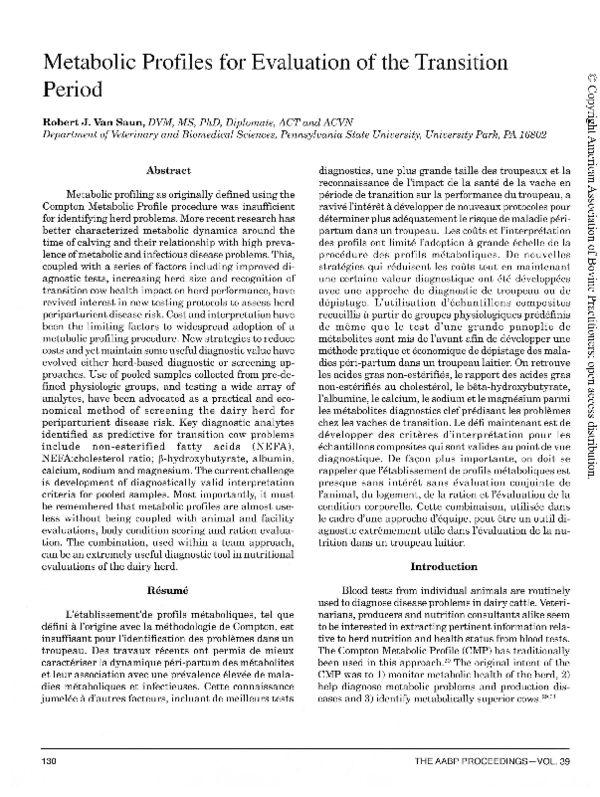 (PDF) Metabolic Profiles for Evaluation of the Transition Period