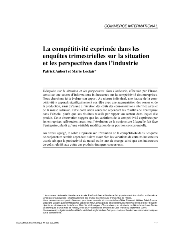 (PDF) La compétitivité exprimée dans les enquêtes trimestrielles sur la ...