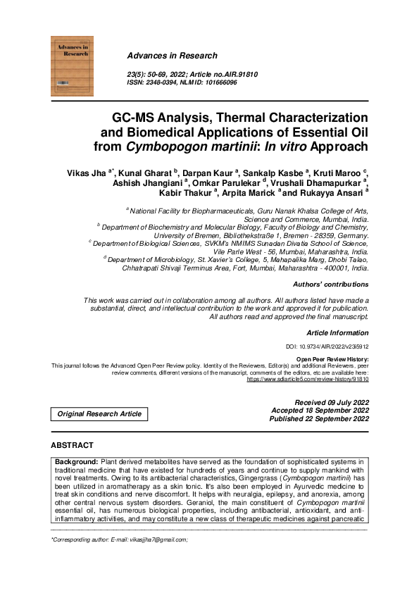 (PDF) GC-MS Analysis, Thermal Characterization and Biomedical ...