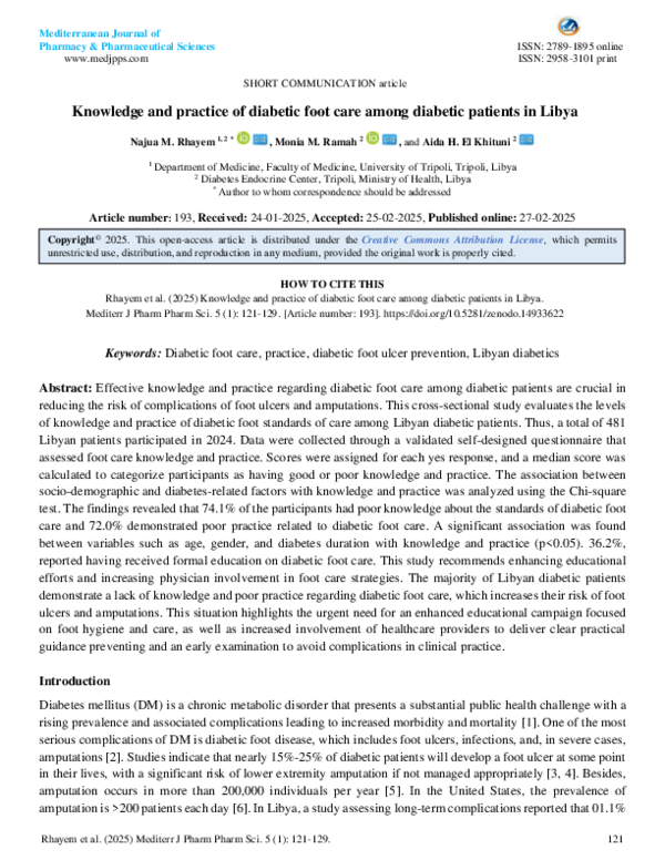 (PDF) Knowledge and practice of diabetic foot care among diabetic ...