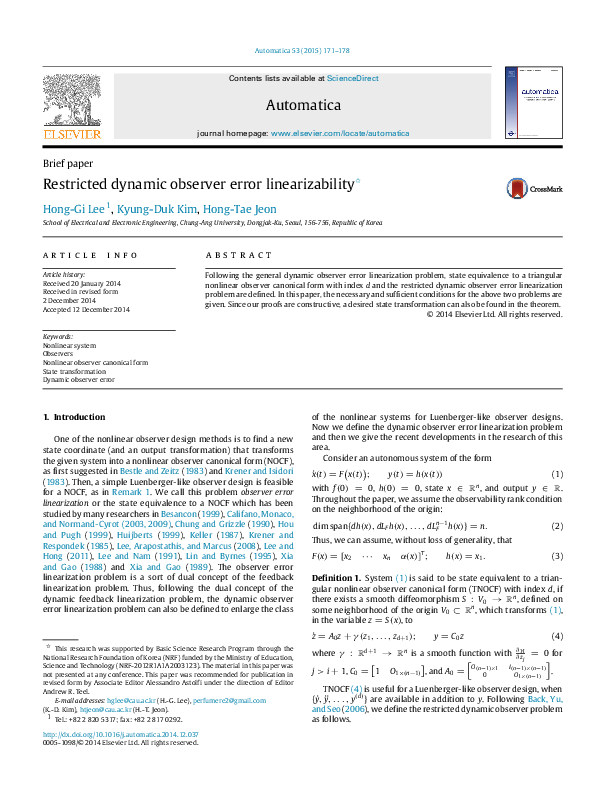 (PDF) Restricted dynamic observer error linearizability