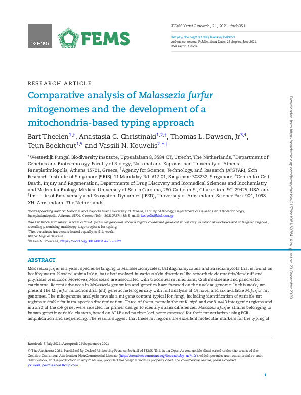 (PDF) Comparative analysis of Malassezia furfur mitogenomes and the ...