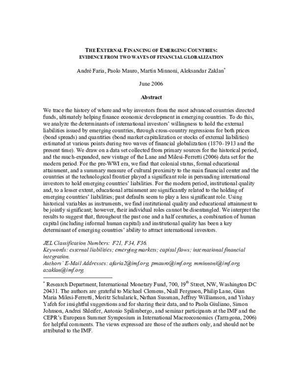 (PDF) The External Financing of Emerging Countries: Evidence from Two ...