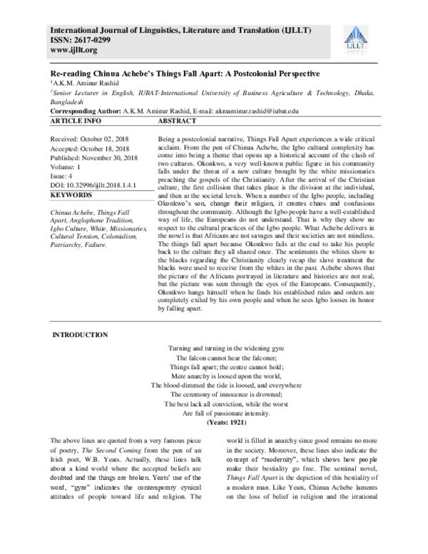 (PDF) Re-reading Chinua Achebe’s Things Fall Apart: A Postcolonial ...
