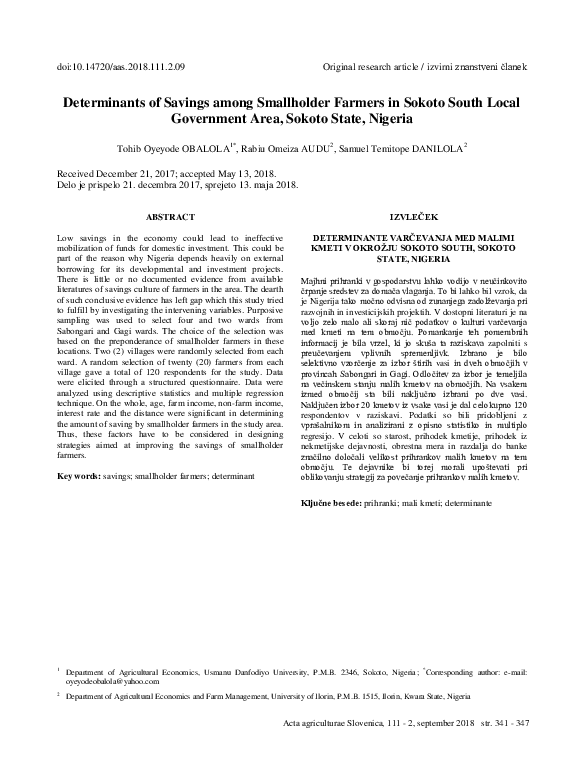 (PDF) Determinants of Savings among Smallholder Farmers in Sokoto South ...