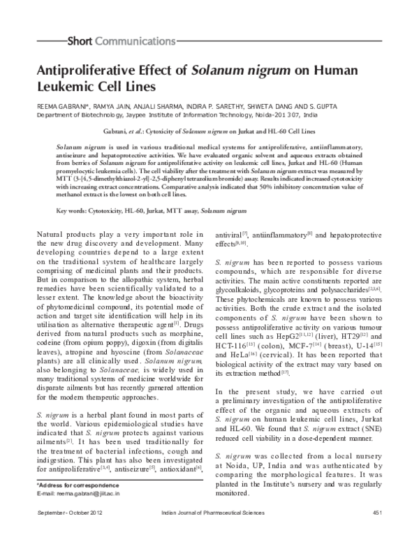 (PDF) Antiproliferative effect of Solanum nigrum on human leukemic cell ...