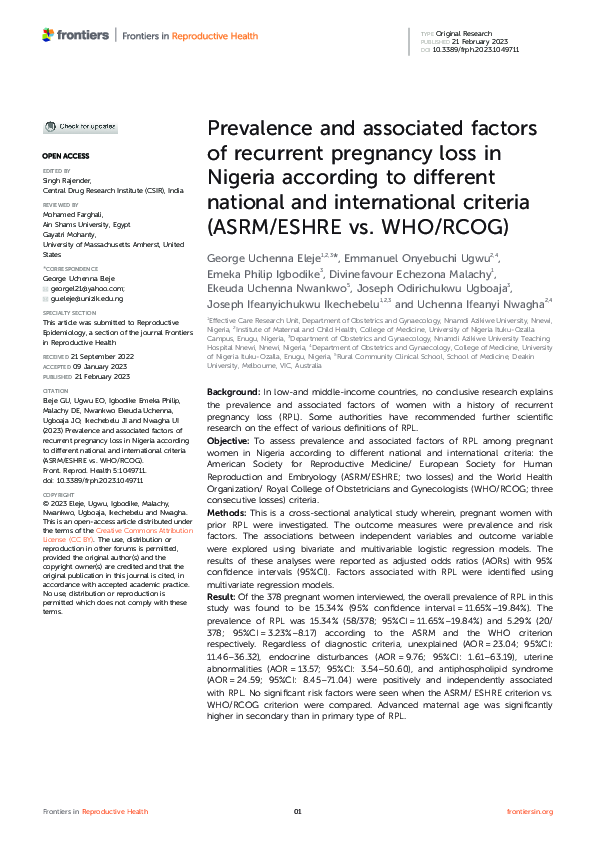 (PDF) Prevalence and associated factors of recurrent pregnancy loss in ...
