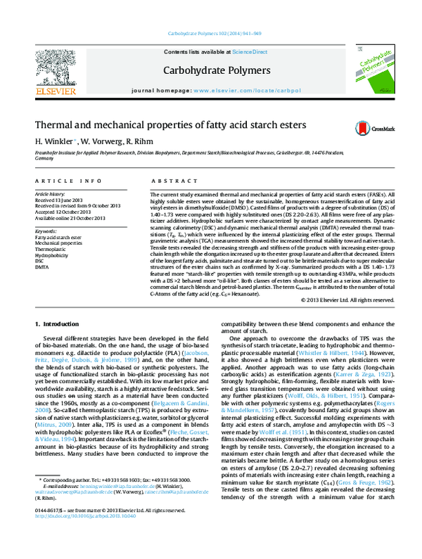 (PDF) Thermal and mechanical properties of fatty acid starch esters