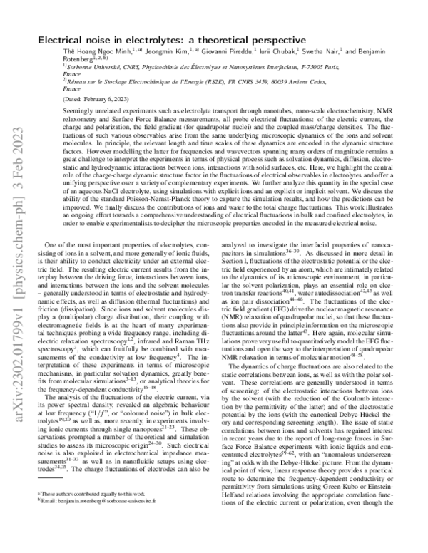 (PDF) Electrical noise in electrolytes: a theoretical perspective