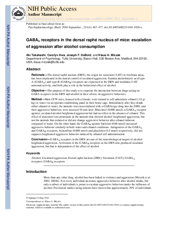(PDF) GABAA receptors in the dorsal raphé nucleus of mice: escalation ...