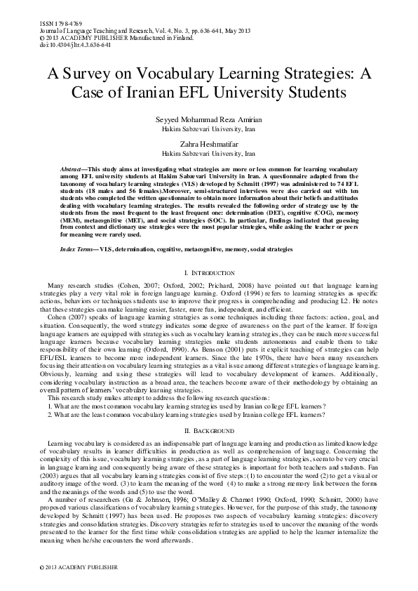 (PDF) A Survey on Vocabulary Learning Strategies: A Case of Iranian EFL ...