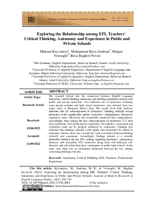 (PDF) Exploring the Relationship among EFL Teachers' Critical Thinking ...