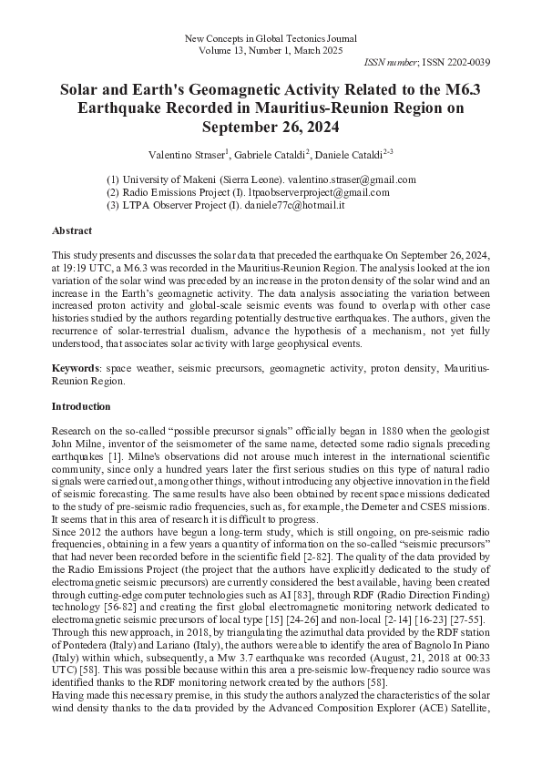 (PDF) Solar and Earth's Geomagnetic Activity Related to the M6.3 ...