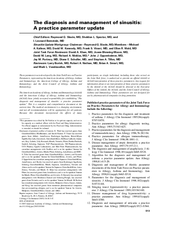 (PDF) The diagnosis and management of sinusitis: A practice parameter ...