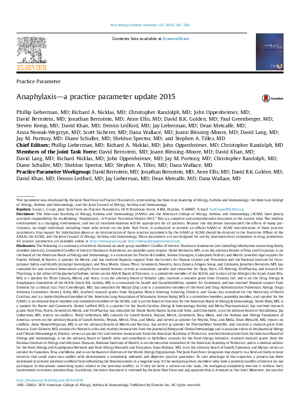 (PDF) Anaphylaxis—a practice parameter update 2015